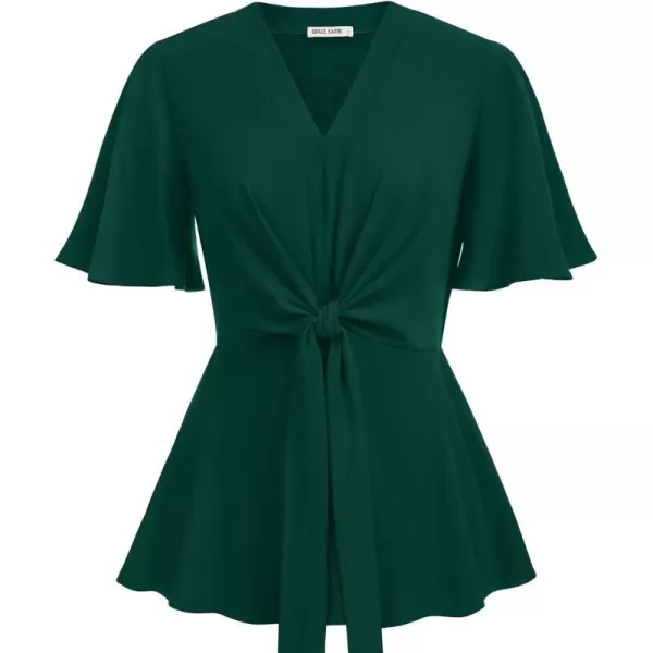 GRACE KARIN 2023 Womens Elegant Peplum Tops V Neck Tie Front Short Bell Sleeve Shirts Tops BlouseDark Green