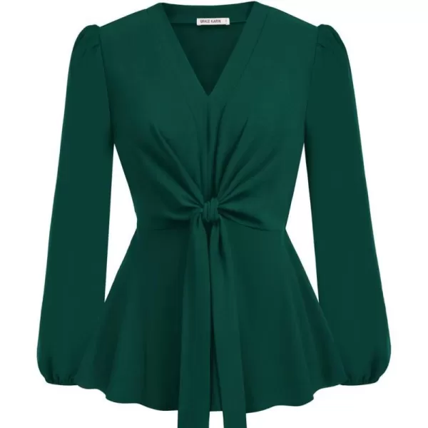 GRACE KARIN 2023 Womens Elegant Peplum Tops V Neck Tie Front Short Bell Sleeve Shirts Tops BlouseDark Greenl43