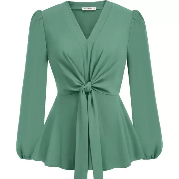 GRACE KARIN 2023 Womens Elegant Peplum Tops V Neck Tie Front Short Bell Sleeve Shirts Tops BlouseGray Greenl43