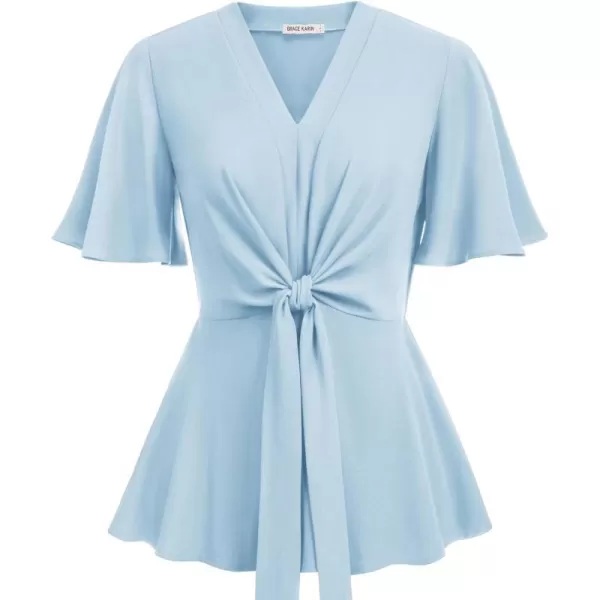 GRACE KARIN 2023 Womens Elegant Peplum Tops V Neck Tie Front Short Bell Sleeve Shirts Tops BlouseLight Blue