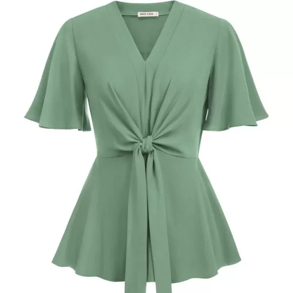 GRACE KARIN 2023 Womens Elegant Peplum Tops V Neck Tie Front Short Bell Sleeve Shirts Tops BlouseLight Green