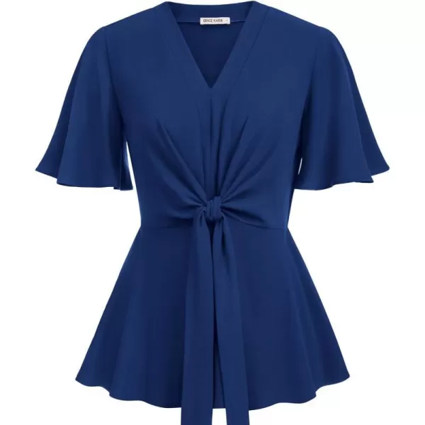 GRACE KARIN 2023 Womens Elegant Peplum Tops V Neck Tie Front Short Bell Sleeve Shirts Tops BlouseNavy Blue