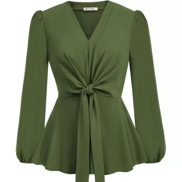 GRACE KARIN 2023 Womens Elegant Peplum Tops V Neck Tie Front Short Bell Sleeve Shirts Tops BlouseOlive Greenl43