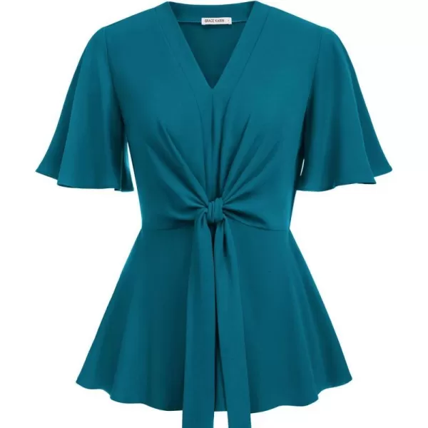 GRACE KARIN 2023 Womens Elegant Peplum Tops V Neck Tie Front Short Bell Sleeve Shirts Tops BlousePeacock Blue