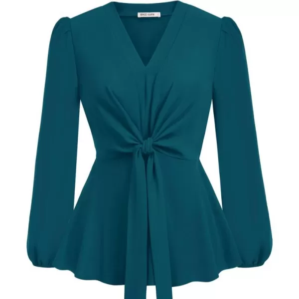 GRACE KARIN 2023 Womens Elegant Peplum Tops V Neck Tie Front Short Bell Sleeve Shirts Tops BlousePeacock Bluel43