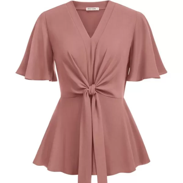 GRACE KARIN 2023 Womens Elegant Peplum Tops V Neck Tie Front Short Bell Sleeve Shirts Tops BlousePink