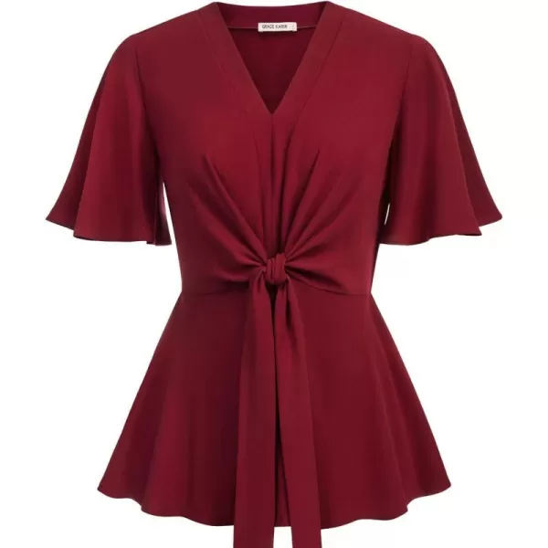 GRACE KARIN 2023 Womens Elegant Peplum Tops V Neck Tie Front Short Bell Sleeve Shirts Tops BlouseWine Red