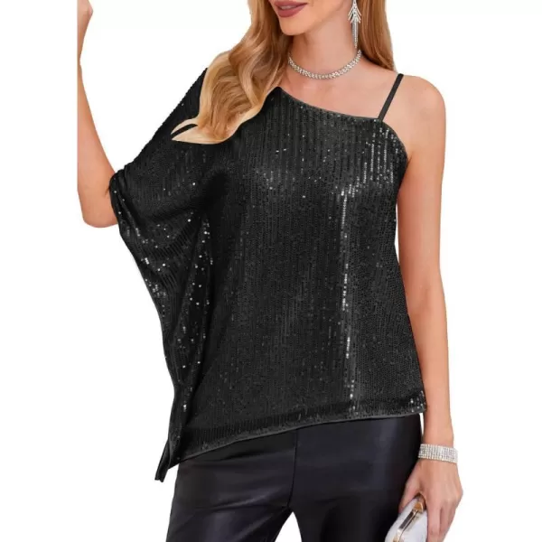 GRACE KARIN 2023 Womens Elegant Sequin Tops One Shoulder Batwing Short Sleeve Sparkly Blouse ShirtBlack