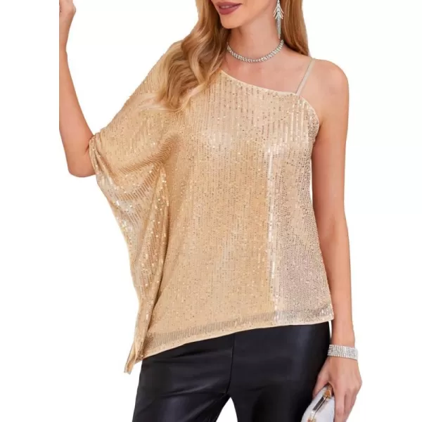 GRACE KARIN 2023 Womens Elegant Sequin Tops One Shoulder Batwing Short Sleeve Sparkly Blouse ShirtChampagne