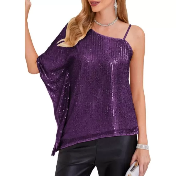 GRACE KARIN 2023 Womens Elegant Sequin Tops One Shoulder Batwing Short Sleeve Sparkly Blouse ShirtPurple