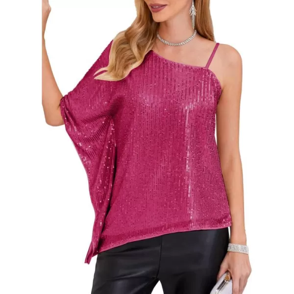 GRACE KARIN 2023 Womens Elegant Sequin Tops One Shoulder Batwing Short Sleeve Sparkly Blouse ShirtRose Red