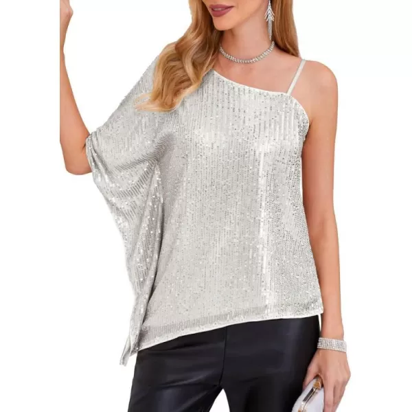 GRACE KARIN 2023 Womens Elegant Sequin Tops One Shoulder Batwing Short Sleeve Sparkly Blouse ShirtSilver White