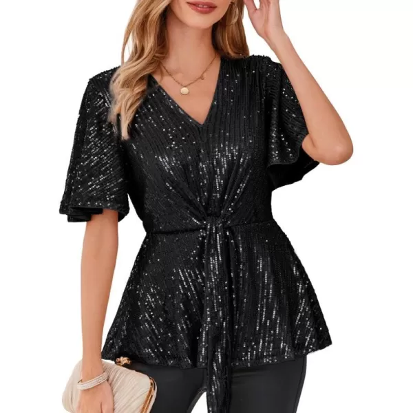 GRACE KARIN 2023 Womens Elegant Sequin Tops V Neck Tie Front Short Bell Sleeve Shirts Peplum Tops BlouseBlack