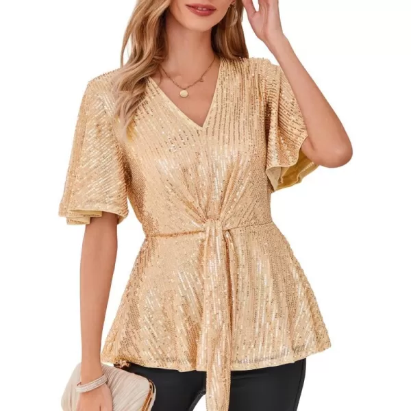 GRACE KARIN 2023 Womens Elegant Sequin Tops V Neck Tie Front Short Bell Sleeve Shirts Peplum Tops BlouseChampagne