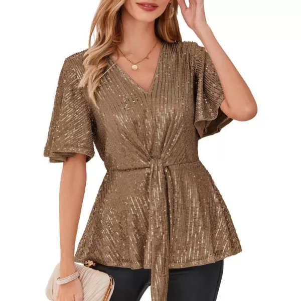 GRACE KARIN 2023 Womens Elegant Sequin Tops V Neck Tie Front Short Bell Sleeve Shirts Peplum Tops BlouseCoffee