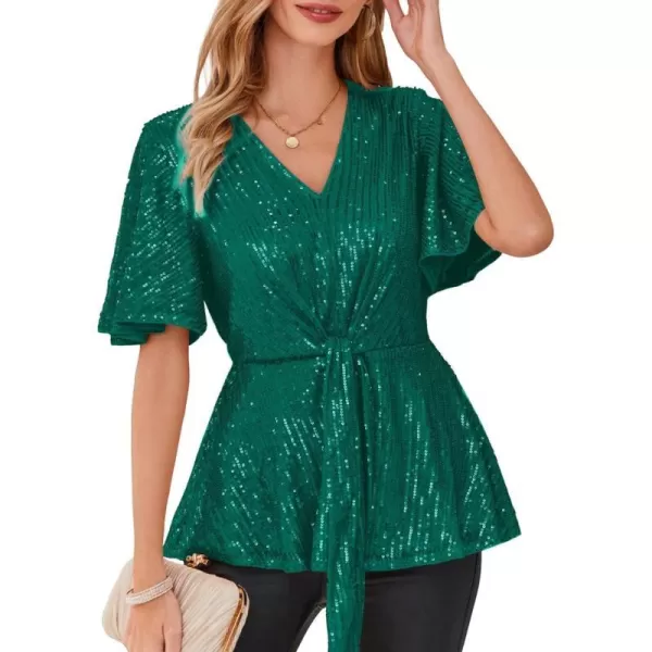 GRACE KARIN 2023 Womens Elegant Sequin Tops V Neck Tie Front Short Bell Sleeve Shirts Peplum Tops BlouseGreen