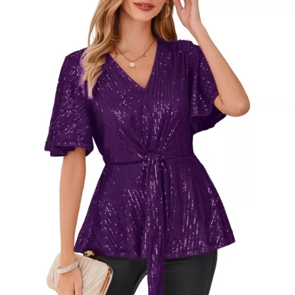 GRACE KARIN 2023 Womens Elegant Sequin Tops V Neck Tie Front Short Bell Sleeve Shirts Peplum Tops BlousePurple