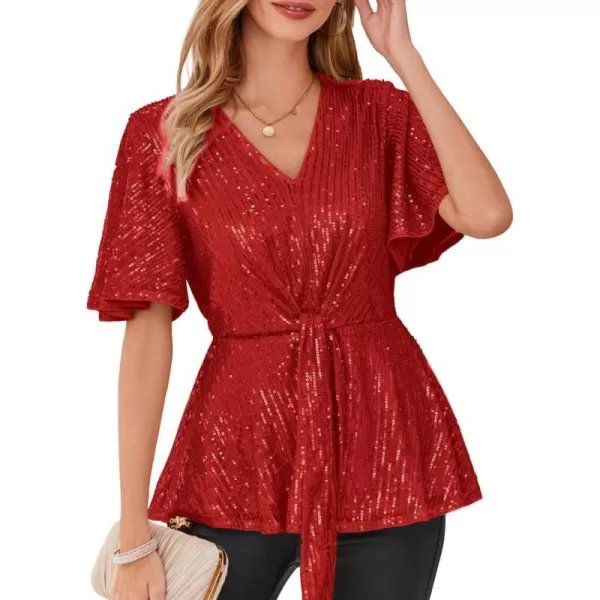 GRACE KARIN 2023 Womens Elegant Sequin Tops V Neck Tie Front Short Bell Sleeve Shirts Peplum Tops BlouseRed