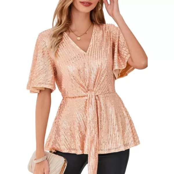 GRACE KARIN 2023 Womens Elegant Sequin Tops V Neck Tie Front Short Bell Sleeve Shirts Peplum Tops BlouseRose Gold