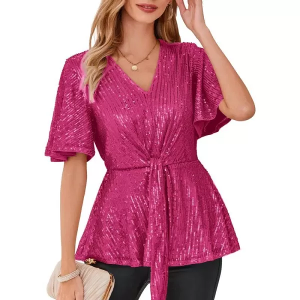 GRACE KARIN 2023 Womens Elegant Sequin Tops V Neck Tie Front Short Bell Sleeve Shirts Peplum Tops BlouseRose Red