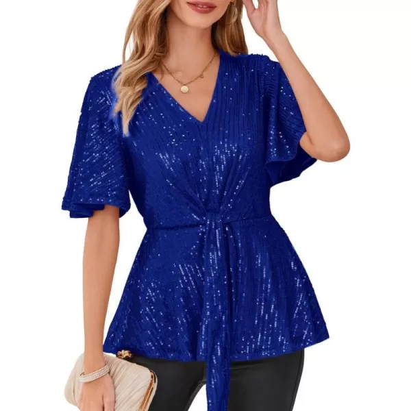 GRACE KARIN 2023 Womens Elegant Sequin Tops V Neck Tie Front Short Bell Sleeve Shirts Peplum Tops BlouseRoyal Blue