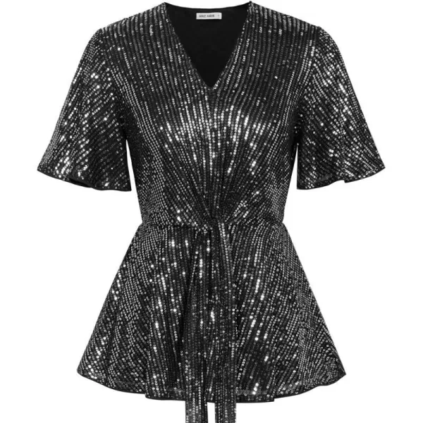 GRACE KARIN 2023 Womens Elegant Sequin Tops V Neck Tie Front Short Bell Sleeve Shirts Peplum Tops BlouseSilver Black