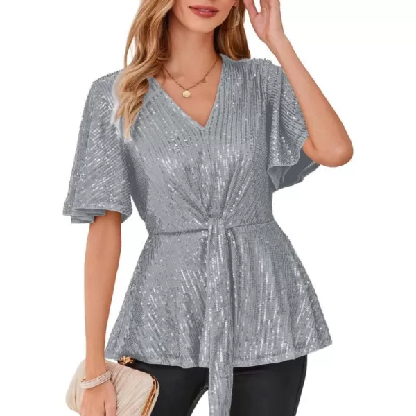 GRACE KARIN 2023 Womens Elegant Sequin Tops V Neck Tie Front Short Bell Sleeve Shirts Peplum Tops BlouseSilver Gray