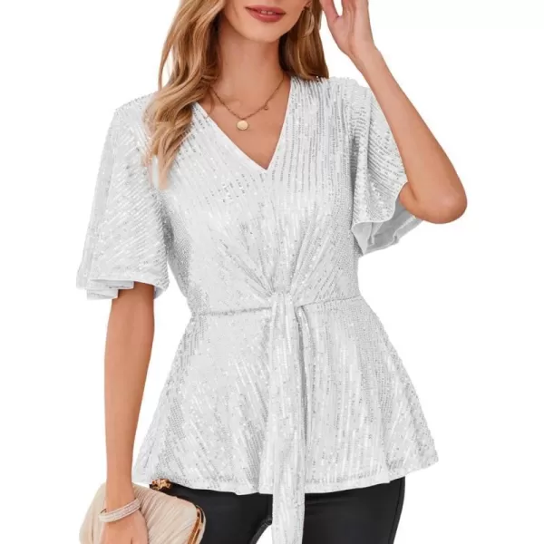 GRACE KARIN 2023 Womens Elegant Sequin Tops V Neck Tie Front Short Bell Sleeve Shirts Peplum Tops BlouseSilver White