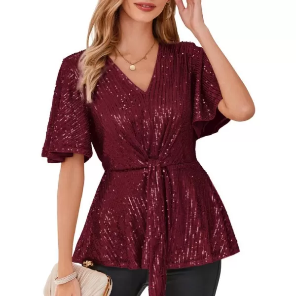 GRACE KARIN 2023 Womens Elegant Sequin Tops V Neck Tie Front Short Bell Sleeve Shirts Peplum Tops BlouseWine Red