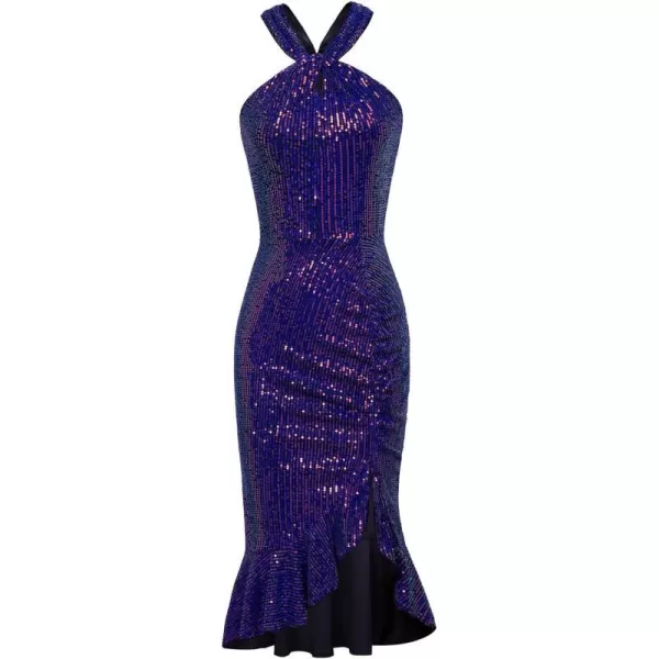 GRACE KARIN 2023 Womens Halter Sequin Dress Sleeveless Ruffle Midi Cocktail Party Dress Bodycon Split Mermaid DressesBlackpurplesequin