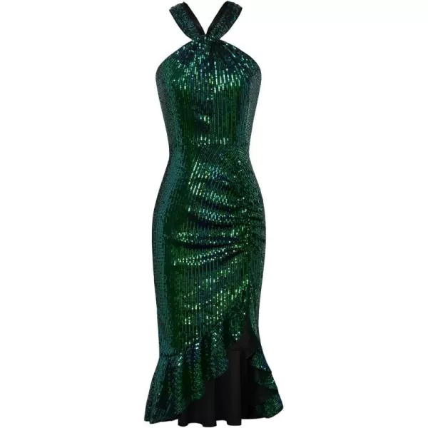 GRACE KARIN 2023 Womens Halter Sequin Dress Sleeveless Ruffle Midi Cocktail Party Dress Bodycon Split Mermaid DressesDark Greensequin