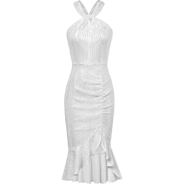 GRACE KARIN 2023 Womens Halter Sequin Dress Sleeveless Ruffle Midi Cocktail Party Dress Bodycon Split Mermaid DressesSilver Whitesequin