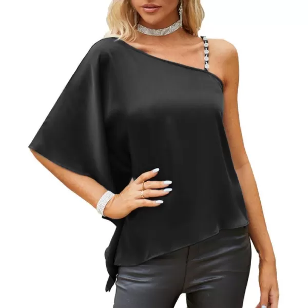 GRACE KARIN 2023 Womens Summer Satin One Shoulder Tops 34 Bell Sleeve Rhinestone Strap Asymmetrical Blouse ShirtBlacksatin