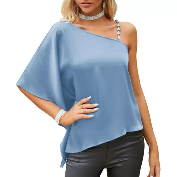 GRACE KARIN 2023 Womens Summer Satin One Shoulder Tops 34 Bell Sleeve Rhinestone Strap Asymmetrical Blouse ShirtGray Bluesatin