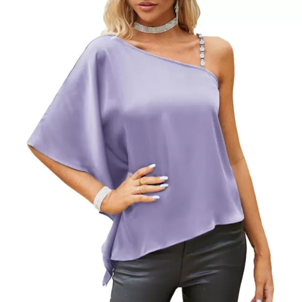 GRACE KARIN 2023 Womens Summer Satin One Shoulder Tops 34 Bell Sleeve Rhinestone Strap Asymmetrical Blouse ShirtLilac Purplesatin