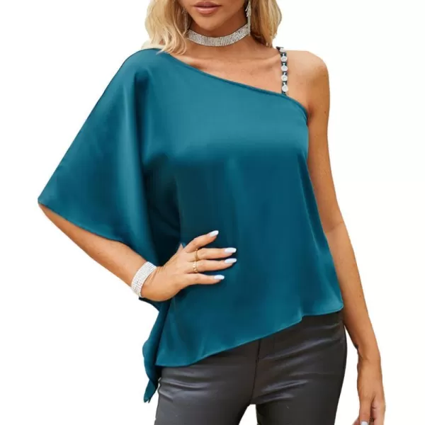 GRACE KARIN 2023 Womens Summer Satin One Shoulder Tops 34 Bell Sleeve Rhinestone Strap Asymmetrical Blouse ShirtPeacock Bluesatin