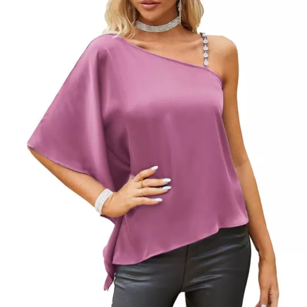 GRACE KARIN 2023 Womens Summer Satin One Shoulder Tops 34 Bell Sleeve Rhinestone Strap Asymmetrical Blouse ShirtPink Purplesatin