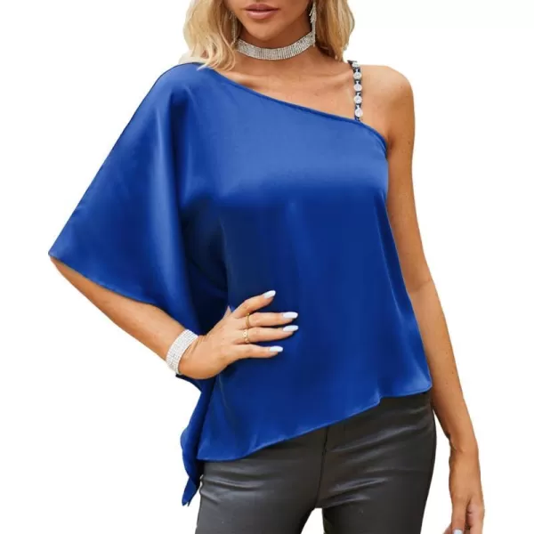 GRACE KARIN 2023 Womens Summer Satin One Shoulder Tops 34 Bell Sleeve Rhinestone Strap Asymmetrical Blouse ShirtRoyal Bluesatin