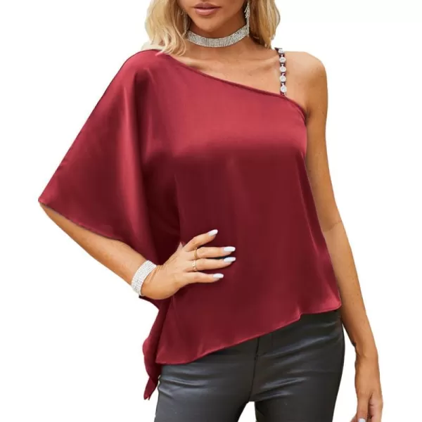 GRACE KARIN 2023 Womens Summer Satin One Shoulder Tops 34 Bell Sleeve Rhinestone Strap Asymmetrical Blouse ShirtWine Redsatin