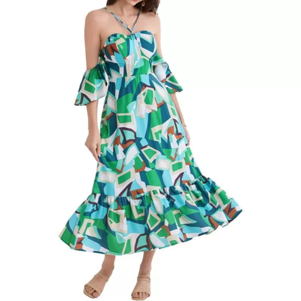 GRACE KARIN 2024 Summer Halter Neck Floral Print Ruffle A Line Maxi DressesGreen Geo