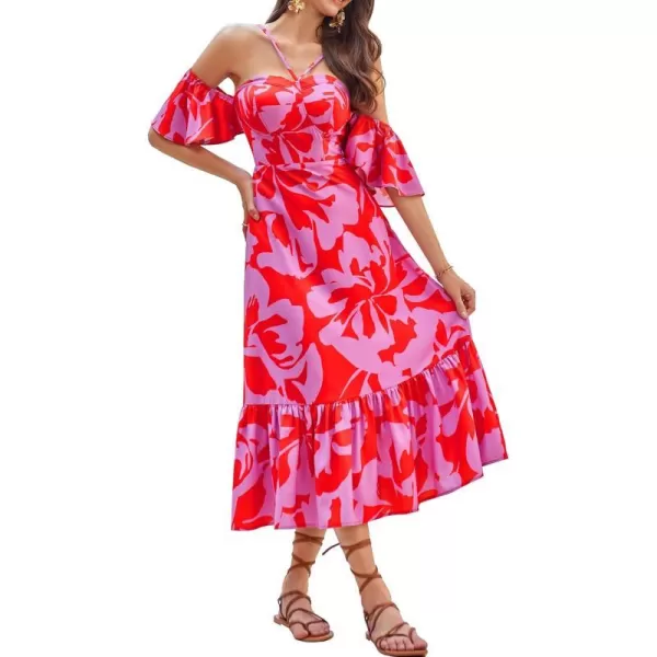 GRACE KARIN 2024 Summer Halter Neck Floral Print Ruffle A Line Maxi DressesRed Purple