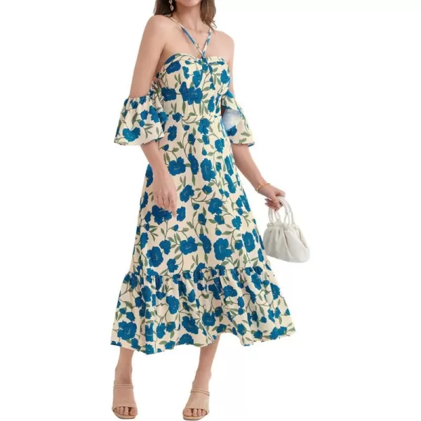 GRACE KARIN 2024 Summer Halter Neck Floral Print Ruffle A Line Maxi DressesWhite Blue