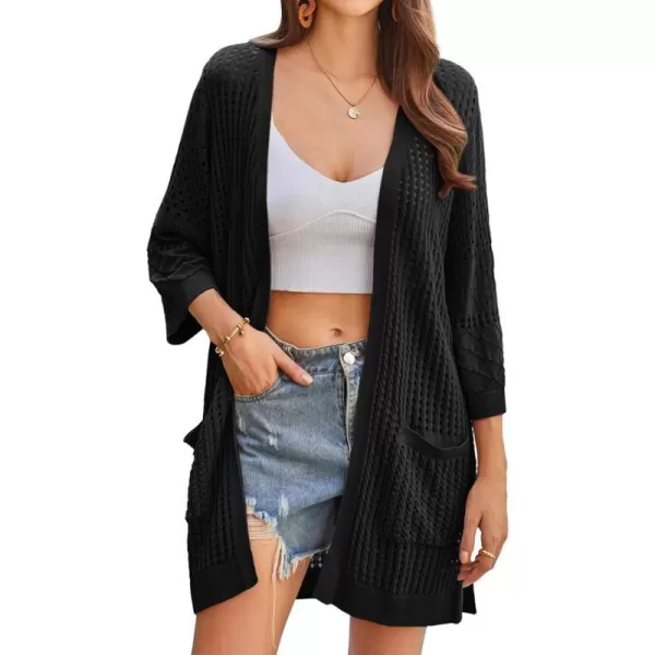 GRACE KARIN 2024 Summer Lightweight Cardigans for Women Short Sleeve Crochet Casual Kimono Cardigans with PocketsBlack