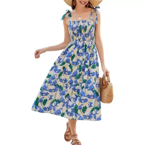 GRACE KARIN 2024 Summer Sleeveless Spaghetti Strap Floral Print Smocked High Waist Shirred Midi Dress Beach Sun DressFloral Blue