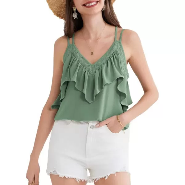 GRACE KARIN 2024 Summer V Neck Lace Trim Ruffled Tank Tops Spaghetti Strap Sleeveless Casual Strappy Camisole ShirtsPea Green