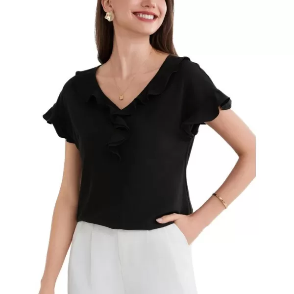 GRACE KARIN 2024 Summer V Neck Ruffle Short Sleeve Blouse Casual Loose Fit Shirts TopsBlack