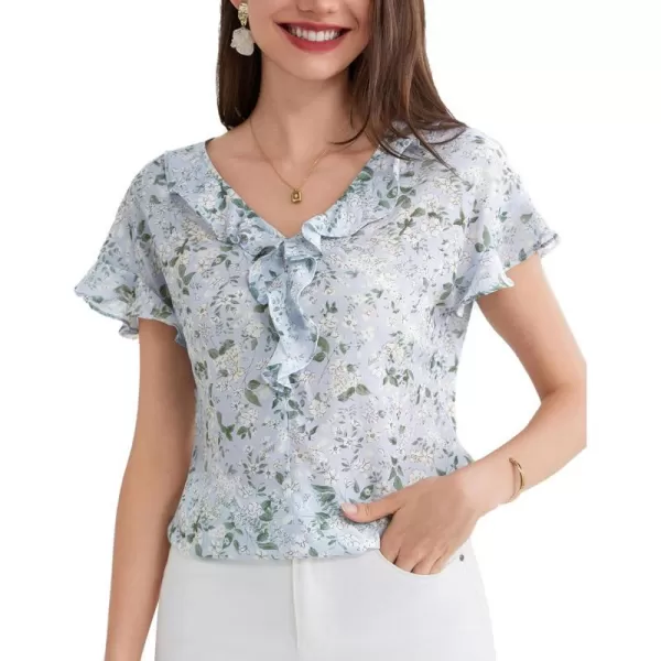 GRACE KARIN 2024 Summer V Neck Ruffle Short Sleeve Blouse Casual Loose Fit Shirts TopsBlue Flower