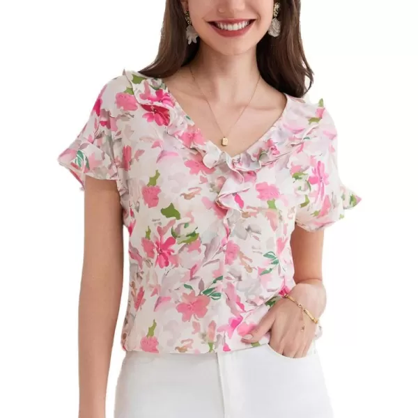 GRACE KARIN 2024 Summer V Neck Ruffle Short Sleeve Blouse Casual Loose Fit Shirts TopsPink Flower