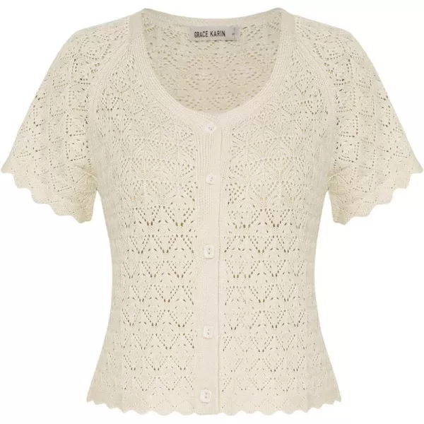 GRACE KARIN 2024 Summer Womens Short Sleeve Crochet Cardigan Shrug Cropped Sweater Bolero Lightweight Knit Button Up TopsBeige