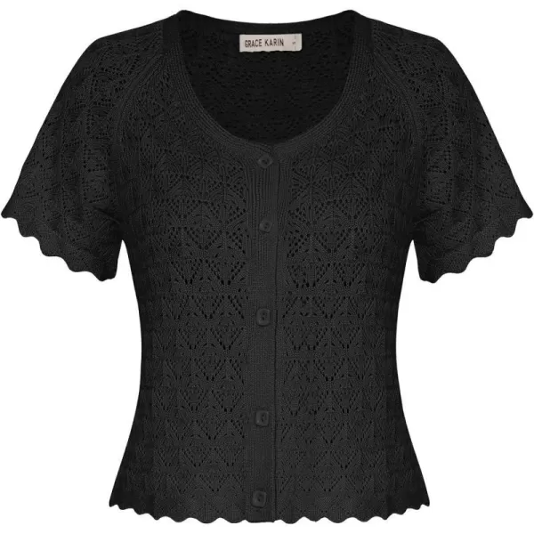 GRACE KARIN 2024 Summer Womens Short Sleeve Crochet Cardigan Shrug Cropped Sweater Bolero Lightweight Knit Button Up TopsBlack